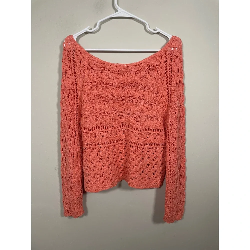 Free People Coral Open Crochet Scoop Pullover